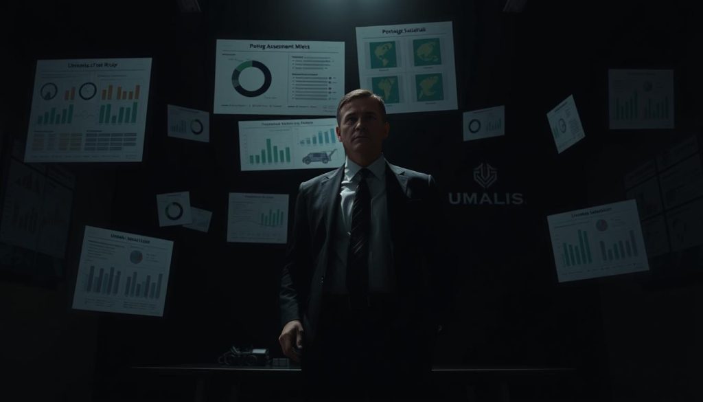 A detailed analysis of the risks associated with the Umalis Group's Portage Salarial service. Depicted in a moody, dramatic style, the image showcases a businessman standing in a dimly lit office, surrounded by floating risk assessment charts and data visualizations. Subtle hints of the Umalis Group branding visible in the background lend an air of professionalism and authority. Dramatic chiaroscuro lighting casts ominous shadows, conveying the weight and complexity of the subject matter. The overall composition evokes a sense of careful evaluation and consideration of the potential pitfalls of this unique employment model.