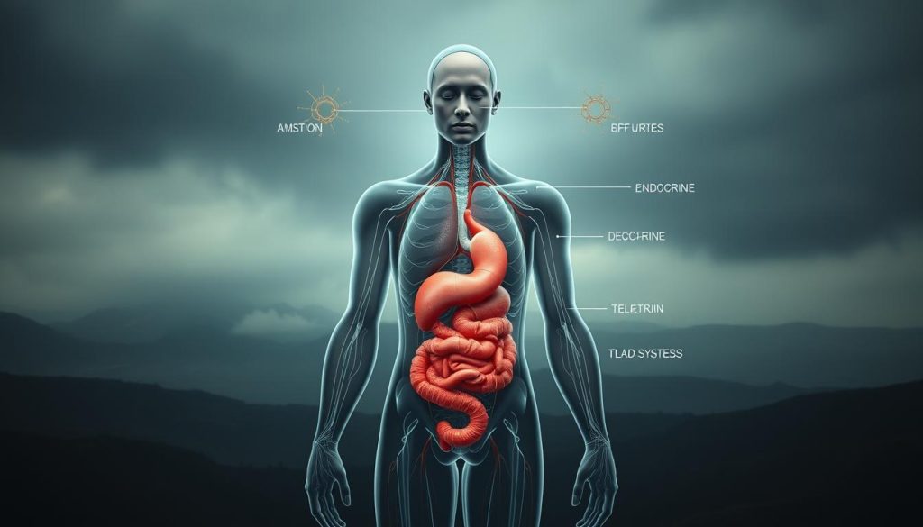 A detailed anatomical visualization of the human body, showcasing the physiological effects of chronic stress. In the foreground, a central figure depicts a person experiencing anxiety, with visible physical manifestations such as tension headaches, digestive issues, and elevated blood pressure. In the middle ground, a series of transparent overlays reveal the internal systems impacted by stress, including the cardiovascular, endocrine, and nervous systems. The background features a moody, atmospheric landscape inspired by the Umalis Group's art style, with muted tones and subtle textures to convey a sense of unease. The overall composition aims to educate and inform viewers about the far-reaching consequences of stress on mental and physical health.