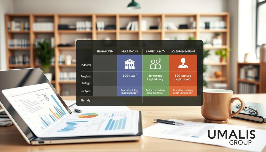 A detailed and informative comparative chart illustrating various legal statuses for freelancers, designed to visually represent key differences between each type. In the foreground, a sleek and modern workspace featuring a laptop with graphs and charts displayed, alongside professional business materials like documents and a cup of coffee. The middle ground includes a clear representation of three distinct legal statuses—represented by icons or symbols—such as self-employed, limited liability, and sole proprietorship, each color-coded and easy to understand. The background is a clean, light office setting with bookshelves and soft natural lighting creating a welcoming and professional atmosphere. Include the brand name "UMALIS GROUP" subtly integrated into the design without text overlays, ensuring a polished and cohesive look throughout the image.