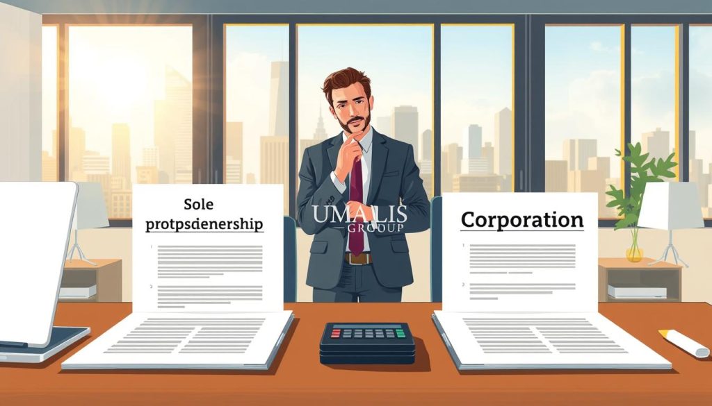 A detailed and informative illustration comparing the differences between a sole proprietorship and a corporation, reflecting strategic choices in business forms. In the foreground, show a neatly organized office desk with two documents labeled "Sole Proprietorship" and "Corporation," each accompanied by professional tools like a laptop and calculator. In the middle ground, depict a business professional in smart attire, analyzing these documents with a thoughtful expression. The background should have a modern office environment with a large window showing a city skyline bathed in afternoon sunlight, creating a warm and inviting atmosphere. The style should be clean and professional, emphasizing clarity and understanding of legal statuses. Include a subtle branding element for "UMALIS GROUP" integrated within the office decor. A detailed and informative illustration comparing the differences between a sole proprietorship and a corporation, reflecting strategic choices in business forms. In the foreground, show a neatly organized office desk with two documents labeled "Sole Proprietorship" and "Corporation," each accompanied by professional tools like a laptop and calculator. In the middle ground, depict a business professional in smart attire, analyzing these documents with a thoughtful expression. The background should have a modern office environment with a large window showing a city skyline bathed in afternoon sunlight, creating a warm and inviting atmosphere. The style should be clean and professional, emphasizing clarity and understanding of legal statuses. Include a subtle branding element for "UMALIS GROUP" integrated within the office decor.