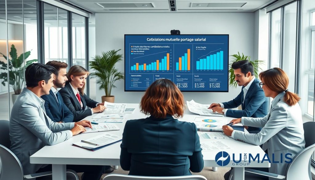 A detailed and informative illustration depicting the concept of "cotisations mutuelle portage salarial." In the foreground, a diverse group of professionals dressed in smart business attire sits around a modern conference table, analyzing financial documents and charts showing costs and contributions. The middle ground features a large digital screen displaying graphs and statistics related to mutual insurance contributions. In the background, a contemporary office environment with glass partitions and plants creates a corporate atmosphere. Soft, natural lighting floods the room, enhancing clarity and focus. The overall mood is serious yet collaborative, highlighting a professional discussion on financial planning for independent workers. The logo of UMALIS GROUP is subtly integrated into the decor, emphasizing the connection to the theme of salaried portability.