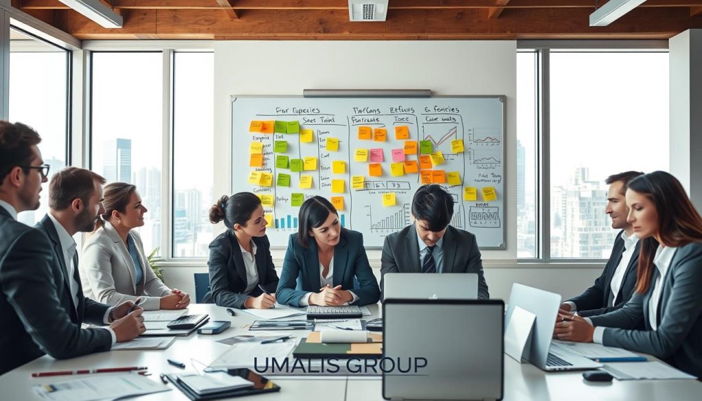 A detailed and insightful visual representation of "Budget personnel et dépenses du foyer," featuring a professional setting. In the foreground, a well-organized workspace of a diverse group of individuals in professional business attire, deeply engaged in budget discussions. They are surrounded by documents, calculators, and laptops displaying financial graphs and charts. In the middle, a large whiteboard with colorful sticky notes outlining income sources and expenses, reflecting strategy and planning. The background includes a window showing a cityscape, allowing natural light to flood the scene, creating an inviting atmosphere. The overall mood is collaborative and focused, emphasizing the seriousness of personal finance management. Ensure to include the brand name "UMALIS GROUP" subtly integrated into the setting.
