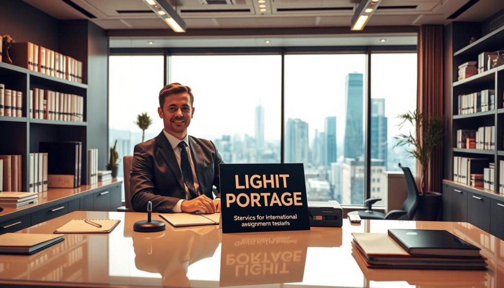 A detailed and modern-looking office interior, with a large window overlooking a vibrant cityscape. In the foreground, a professional-looking man in a suit is seated at a sleek desk, surrounded by organizational tools and technology. On the desk, a prominent sign displays the brand name "LIGHT PORTAGE", highlighting their services for international assignments. The lighting is warm and inviting, creating a productive and comfortable atmosphere. The middle ground features shelves filled with reference materials, while the background showcases the bustling city outside, suggesting the global reach and international focus of the services provided.