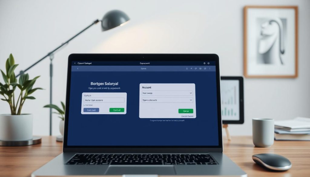 A detailed and neatly organized desktop scene showcasing the process of opening a Bortage Salaryal account. The foreground features a laptop displaying the account creation interface, with clean typography and an intuitive user experience. In the middle ground, a tablet displays financial data and graphs, hinting at the account's functionality. The background depicts a minimalist office setting, with a potted plant, a sleek desk lamp, and a framed artwork on the wall, creating a professional and modern atmosphere. The lighting is soft and diffused, lending a sense of tranquility to the scene. The overall composition conveys a seamless and effortless account setup experience.