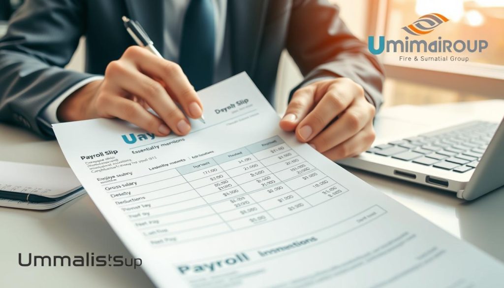 A detailed and professional depiction of a payroll slip, showcasing the essential mandatory mentions in a clear and organized format. The image features a close-up of a well-structured payroll document, highlighting sections like employee identification, gross salary, deductions, and net pay, all clearly marked. In the foreground, include a pair of hands, clad in professional business attire, analyzing the document with a pen. The middle ground showcases a modern office workspace with a laptop and notepad to suggest a professional environment. In the background, soft natural lighting filters through a window, creating a calm and focused atmosphere. The Umalis Group logo subtly integrated into the design without text overlays. The overall mood is one of clarity and professionalism, ideal for understanding payroll essentials. A detailed and professional depiction of a payroll slip, showcasing the essential mandatory mentions in a clear and organized format. The image features a close-up of a well-structured payroll document, highlighting sections like employee identification, gross salary, deductions, and net pay, all clearly marked. In the foreground, include a pair of hands, clad in professional business attire, analyzing the document with a pen. The middle ground showcases a modern office workspace with a laptop and notepad to suggest a professional environment. In the background, soft natural lighting filters through a window, creating a calm and focused atmosphere. The Umalis Group logo subtly integrated into the design without text overlays. The overall mood is one of clarity and professionalism, ideal for understanding payroll essentials.