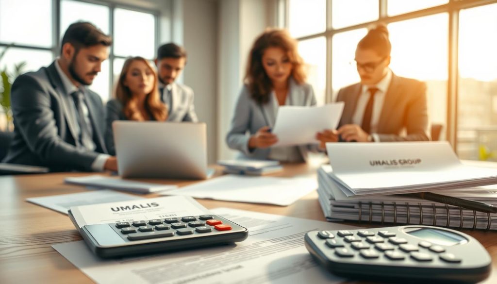A detailed and professional image representing the concept of "barème frais repas" for the year 2026. In the foreground, a well-organized work desk is shown, with neatly stacked documents and a calculator displaying meal expense thresholds. In the middle ground, a diverse group of four professionals, dressed in smart business attire, are engaged in discussion around a laptop, analyzing the new meal expense regulations. The background features a bright office environment with large windows letting in natural light, conveying a sense of clarity and opportunity. Soft shadows enhance the depth, while a warm color palette creates a welcoming, productive atmosphere. The brand "UMALIS GROUP" is subtly featured on the displayed documents, ensuring a cohesive and professional look.