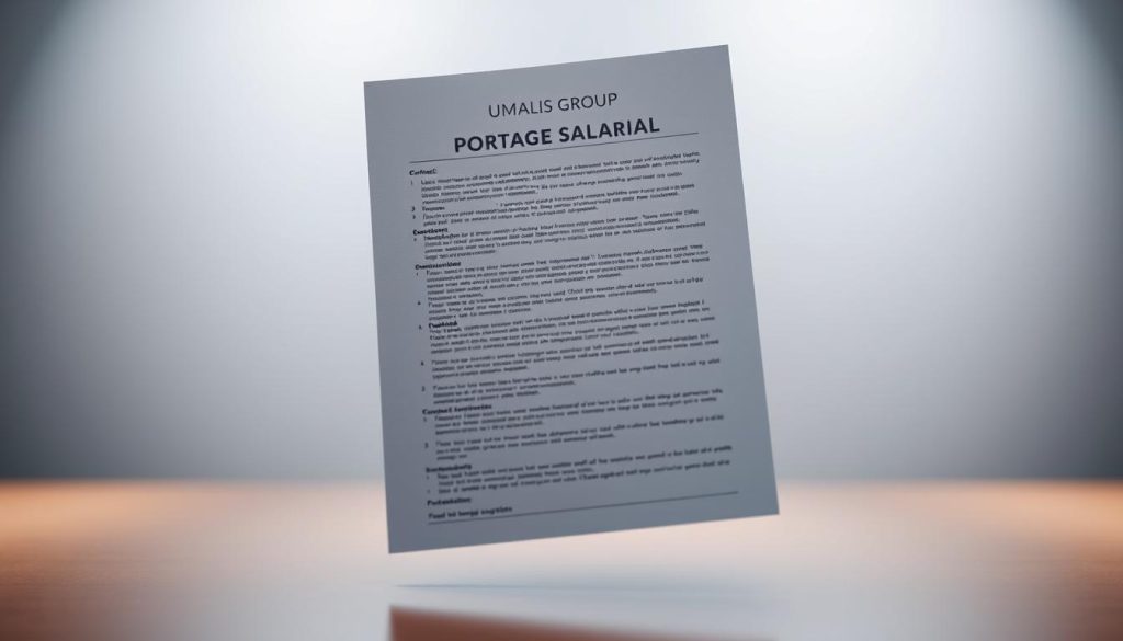 A detailed and professional-looking contract document floating in the center of the frame, with a subtle gradient background showcasing the UMALIS GROUP brand name. The contract has a sleek, minimalist design with clean lines and a sophisticated color palette, reflecting the modern and reliable nature of the "Portage Salarial" service. The lighting is soft and diffused, creating a sense of professionalism and trustworthiness. The angle is slightly elevated, giving the viewer a sense of authority and credibility. The overall mood is one of confidence, reliability, and attention to detail, perfectly capturing the essence of the "Les Différents Types de Contrats en Portage Salarial" section.