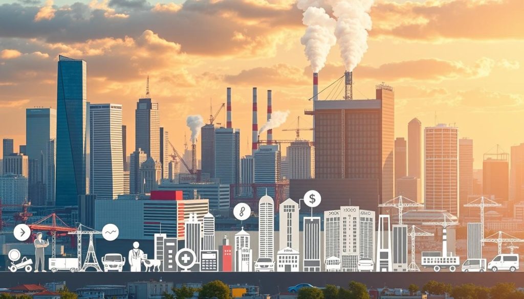 A detailed and sophisticated illustration of "portage salarial secteurs d'activité" showcasing a diverse range of professional fields and industries authorized for Umalis Group's salarial portage services. The image depicts a vibrant and bustling cityscape, with skyscrapers, office buildings, and factories in the background, representing the various sectors where salarial portage can be applied. In the foreground, a collection of stylized icons and symbols symbolize the different professions and industries, such as healthcare, technology, finance, and creative arts, all seamlessly integrated into the urban landscape. The scene is illuminated by warm, natural lighting, creating a sense of productivity, progress, and professional opportunity. The overall composition conveys the comprehensive and versatile nature of Umalis Group's salarial portage solutions across a wide spectrum of economic activities.