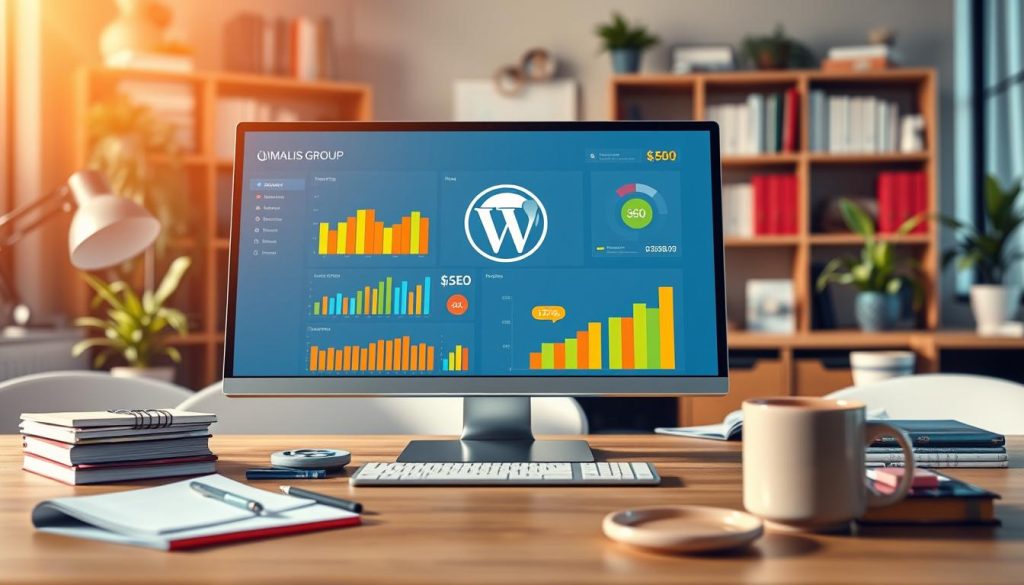 A detailed and vibrant digital illustration showcasing a WordPress SEO plugin dashboard. In the foreground, a sleek computer screen displays the UMALIS GROUP logo prominently, surrounded by colorful graphs, analytics, and SEO metrics. The middle section features an organized workspace with a notepad, SEO books, and a coffee mug, creating a productive atmosphere. In the background, soft-focus elements of a modern office, such as bookshelves and plants, add depth. Warm, natural lighting illuminates the scene, giving it a welcoming feel. The angle should be slightly elevated, capturing both the screen details and the overall workspace ambiance. This professional and inspiring environment reflects the theme of optimizing content, tags, and structure for WordPress websites. A detailed and vibrant digital illustration showcasing a WordPress SEO plugin dashboard. In the foreground, a sleek computer screen displays the UMALIS GROUP logo prominently, surrounded by colorful graphs, analytics, and SEO metrics. The middle section features an organized workspace with a notepad, SEO books, and a coffee mug, creating a productive atmosphere. In the background, soft-focus elements of a modern office, such as bookshelves and plants, add depth. Warm, natural lighting illuminates the scene, giving it a welcoming feel. The angle should be slightly elevated, capturing both the screen details and the overall workspace ambiance. This professional and inspiring environment reflects the theme of optimizing content, tags, and structure for WordPress websites.