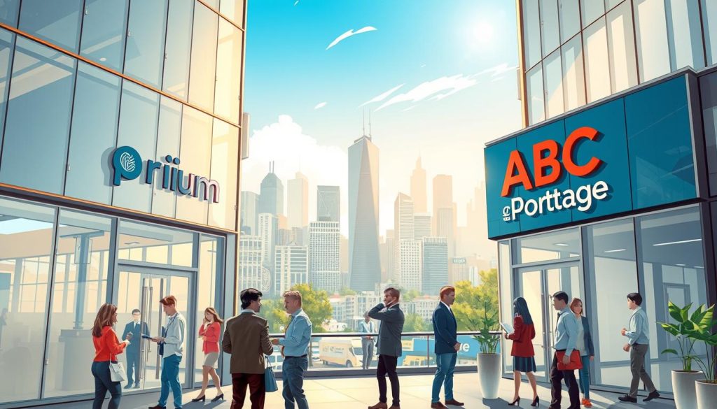 A detailed and vibrant illustration of "Prium Portage" and "ABC Portage" offices in a modern urban environment. In the foreground, showcase the sleek glass facades of both companies, highlighting their logos prominently. In the middle ground, include casually dressed professionals engaging in discussions, exchanging documents, and collaborating on projects, reflecting a dynamic work atmosphere. In the background, depict a bustling city skyline under a bright blue sky, with soft sunlight casting gentle shadows. Use a wide-angle lens to capture the energy of the scene, emphasizing the connection between the firms and their vibrant surroundings. Convey a mood of professionalism, innovation, and collaboration, while ensuring a clean and inviting aesthetic. The brand name "Umalis Group" should be subtly incorporated into one of the office windows.