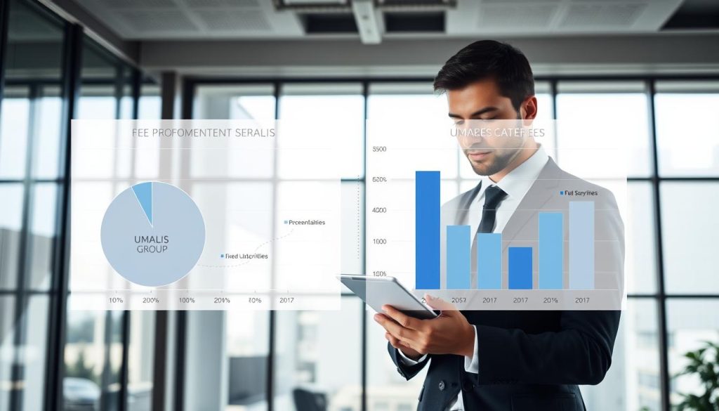 A detailed and visually engaging comparison of management fees in the context of portage salarial, featuring two distinct charts side by side. In the foreground, a business professional in formal attire, analyzing the data on a tablet, looks thoughtfully at the charts. The middle ground showcases a pie chart representing percentage-based fees on the left and a bar graph illustrating fixed subscription fees on the right, both clearly labeled. In the background, a modern office environment with large windows allowing natural light to flood the space, casting soft shadows. The overall mood is one of professionalism and clarity, emphasizing decision-making in financial management. Incorporate an artistic touch with the branding of "UMALIS GROUP" subtly displayed on the charts, enhancing the informative aspect of the image while maintaining visual balance. A detailed and visually engaging comparison of management fees in the context of portage salarial, featuring two distinct charts side by side. In the foreground, a business professional in formal attire, analyzing the data on a tablet, looks thoughtfully at the charts. The middle ground showcases a pie chart representing percentage-based fees on the left and a bar graph illustrating fixed subscription fees on the right, both clearly labeled. In the background, a modern office environment with large windows allowing natural light to flood the space, casting soft shadows. The overall mood is one of professionalism and clarity, emphasizing decision-making in financial management. Incorporate an artistic touch with the branding of "UMALIS GROUP" subtly displayed on the charts, enhancing the informative aspect of the image while maintaining visual balance.