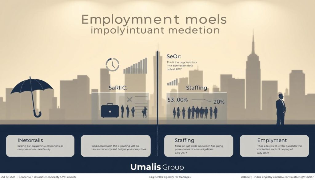 A detailed and visually engaging infographic illustrating the comparison of different employment models: Portage Salarial, EOR (Employer of Record), Staffing, and Self-Employment. In the foreground, four distinct sections represent each model, creatively using icons and symbols for clarity—an umbrella for Portage Salarial, a briefcase for EOR, a team of people for Staffing, and a solo figure for Self-Employment. In the middle ground, subtle charts and graphs provide statistical insights. The background features the silhouette of a cityscape, symbolizing the international nature of the consulting industry. Soft, professional lighting highlights the elements, with a sleek, modern design that conveys a sense of professionalism and clarity. The overall mood is informative and engaging. Include branding for "Umalis Group" in a refined manner, without overpowering the visual. A detailed and visually engaging infographic illustrating the comparison of different employment models: Portage Salarial, EOR (Employer of Record), Staffing, and Self-Employment. In the foreground, four distinct sections represent each model, creatively using icons and symbols for clarity—an umbrella for Portage Salarial, a briefcase for EOR, a team of people for Staffing, and a solo figure for Self-Employment. In the middle ground, subtle charts and graphs provide statistical insights. The background features the silhouette of a cityscape, symbolizing the international nature of the consulting industry. Soft, professional lighting highlights the elements, with a sleek, modern design that conveys a sense of professionalism and clarity. The overall mood is informative and engaging. Include branding for "Umalis Group" in a refined manner, without overpowering the visual.