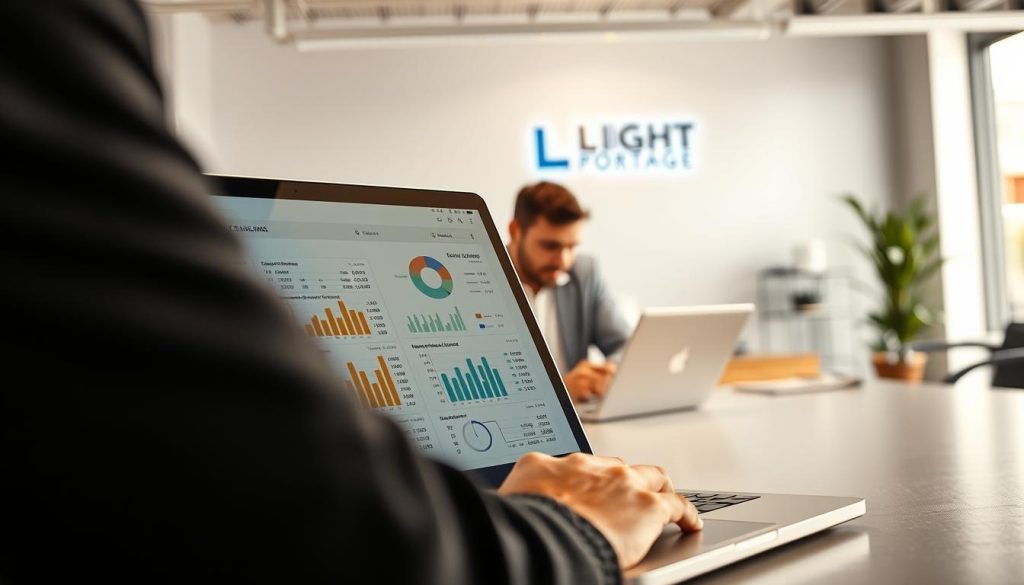 A detailed and well-lit scene depicting a comprehensive salary simulation for a "portage salarial" or payroll outsourcing service. The foreground shows a laptop or tablet screen displaying various financial calculations, with charts, graphs, and numerical data clearly visible. The middle ground features a professional working at a desk, intently focused on the screen. The background showcases the LIGHT PORTAGE brand, with a clean, modern office environment and subtle branding elements. The lighting is warm and natural, creating a professional and trustworthy atmosphere. The overall composition conveys the idea of optimizing one's remuneration through careful financial analysis and the services of a reliable payroll outsourcing provider.