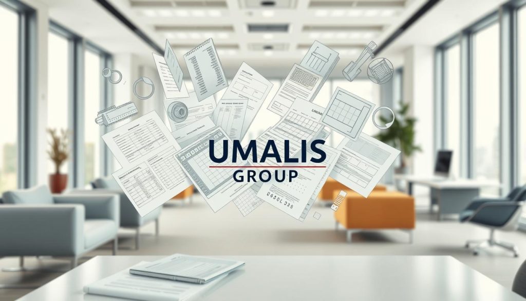 A detailed architectural illustration of the fiscal and social implications of the "portage salarial" employment model, set against a backdrop of a modern office environment. In the foreground, a central focus on the UMALIS GROUP logo, rendered with precision and clarity. The middle ground depicts intricate financial calculations, tax forms, and legal documents, representing the complex fiscal landscape. The background showcases the professional office setting, with sleek furniture, neutral tones, and natural lighting, conveying a sense of sophistication and gravitas. The overall composition is balanced, with a harmonious blend of technical detail and aesthetic appeal, capturing the essence of the "Les implications fiscales et sociales" section of the article.