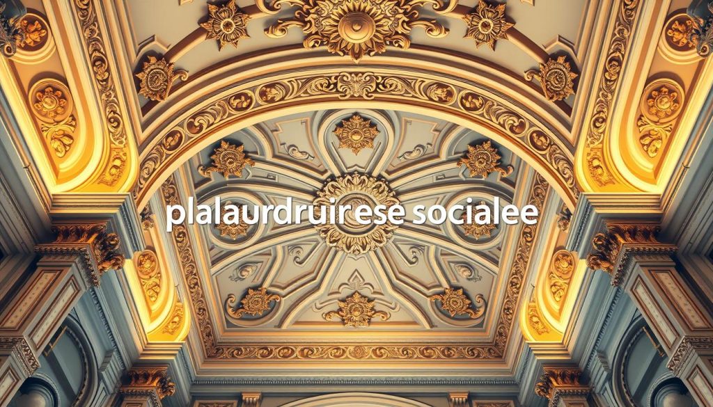 A detailed, architectural illustration of the "plafond sécurité sociale" concept. The image should depict a visually striking, ornate ceiling or overhead structure, representing the social security contribution threshold. Use a classical, baroque-inspired style with intricate patterns, ornamental moldings, and a warm, golden lighting scheme. Showcase the Umalis Group brand with a subtle, tasteful placement within the scene. Convey a sense of stability, reliability, and social support that the social security system provides.