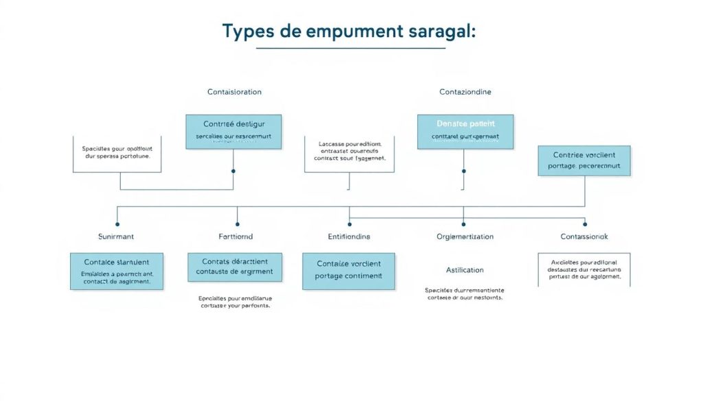 A detailed blueprint of various employment contract types used in the Umalis Group's salaried portage system. A minimalist, technical diagram on a crisp white backdrop, rendered in a clean, engineering-style illustration. Precise shapes and lines convey the distinct contractual agreements, with a cool, professional palette of blues, grays, and blacks. Subtle shadows and highlights lend depth and dimension. The overall composition is balanced, clear, and informative, tailored to effectively visualize the "Types de contrats portage salarial" section of the comprehensive Umalis Group guide. A detailed blueprint of various employment contract types used in the Umalis Group's salaried portage system. A minimalist, technical diagram on a crisp white backdrop, rendered in a clean, engineering-style illustration. Precise shapes and lines convey the distinct contractual agreements, with a cool, professional palette of blues, grays, and blacks. Subtle shadows and highlights lend depth and dimension. The overall composition is balanced, clear, and informative, tailored to effectively visualize the "Types de contrats portage salarial" section of the comprehensive Umalis Group guide.