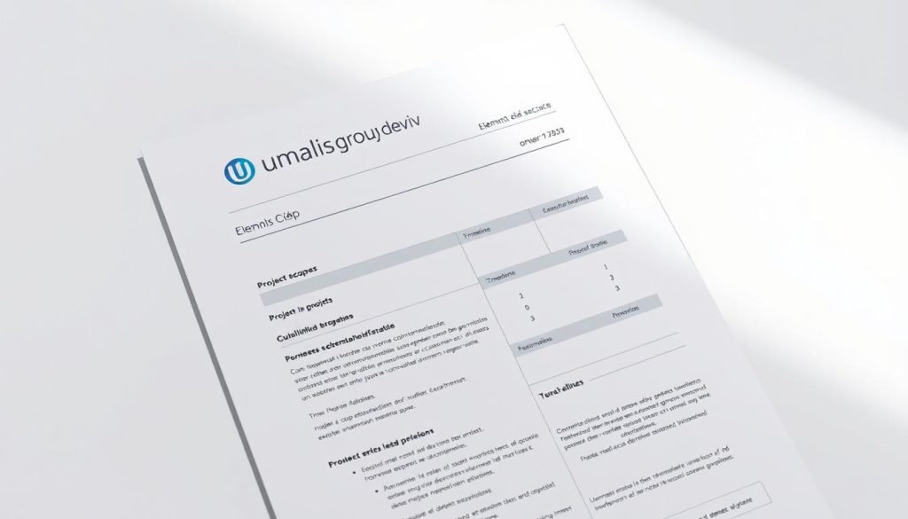 A detailed business document titled "éléments clés devis" set against a clean, minimalist background. The document features the Umalis Group logo prominently displayed, conveying professionalism and credibility. The page showcases neatly organized sections and bullet points, highlighting key elements such as project scope, timeline, and pricing. Soft, directional lighting illuminates the document, creating depth and emphasizing its importance. The overall tone is one of clarity, organization, and attention to detail - reflecting the care and diligence required in crafting an effective freelance estimate.