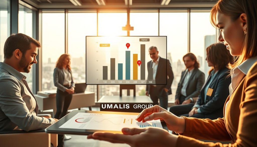 A detailed business visualization illustrating the concept of "Concentration of Revenue and Client Risk". In the foreground, a diverse group of professionals in smart business attire are gathered around a digital tablet displaying complex graphs and figures related to client revenue dependencies. In the middle ground, a large screen shows a bar chart highlighting a single client's significant contribution to revenue, with warning signs indicating potential risks. The background features a modern office environment with sleek furniture, glass windows revealing a city skyline, and natural sunlight illuminating the scene, creating a focused yet tense atmosphere. Emphasize the brand name "UMALIS GROUP" subtly integrated into the digital display. The image should embody a strong sense of analysis, caution, and strategic foresight.