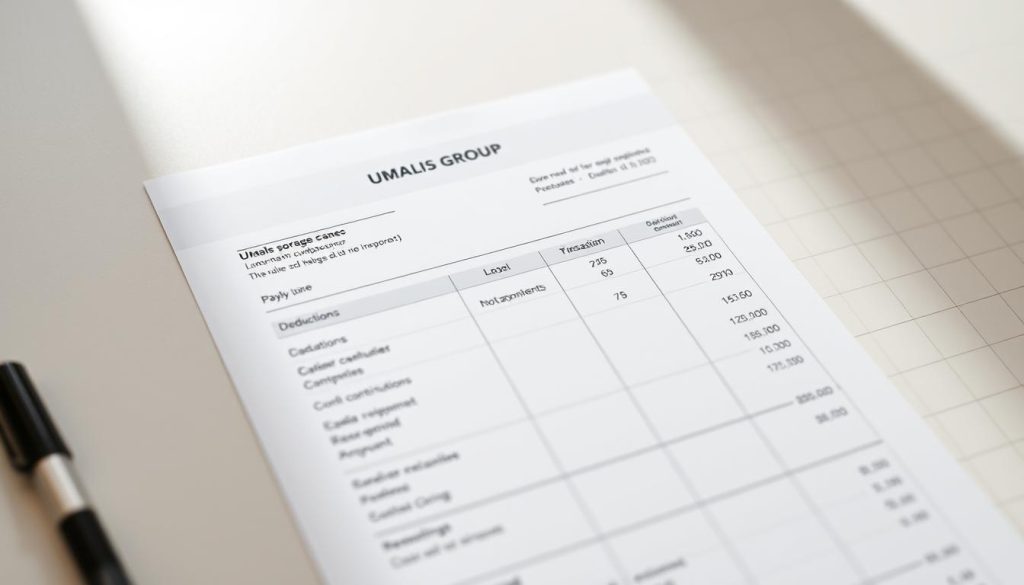 A detailed calculation sheet displaying a payslip for a salarial portage employee, rendered in a clean, minimalist style. The foreground features the UMALIS GROUP logo and key details like the employee's name, pay period, and net salary amount. The middle ground shows a breakdown of deductions and contributions, with clear labeling. The background depicts a neutral, off-white workspace with a subtle grid pattern, creating a professional, administrative atmosphere. Soft, even lighting from above casts subtle shadows, enhancing the sense of depth and three-dimensionality. The overall impression is one of precision, organization, and transparency around the financial aspects of salarial portage.