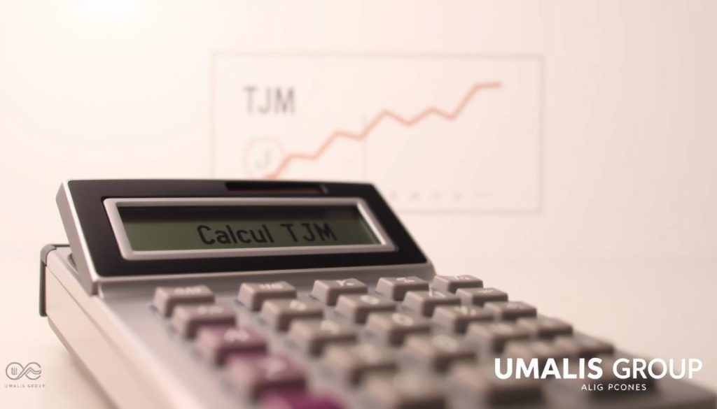 A detailed, close-up illustration of a calculator displaying the phrase "Calcul TJM portage salarial" against a neutral, minimalist background. The calculator is positioned prominently in the foreground, with a soft, diffused lighting that accentuates its metallic and glass surfaces. The middle ground features a simple, stylized chart or graph related to salary calculations, rendered in a clean, infographic style. The background is a soft, subtle gradient, creating a sense of depth and focus on the central elements. The overall mood is professional, informative, and visually appealing. The UMALIS GROUP logo is discreetly placed in the lower right corner.
