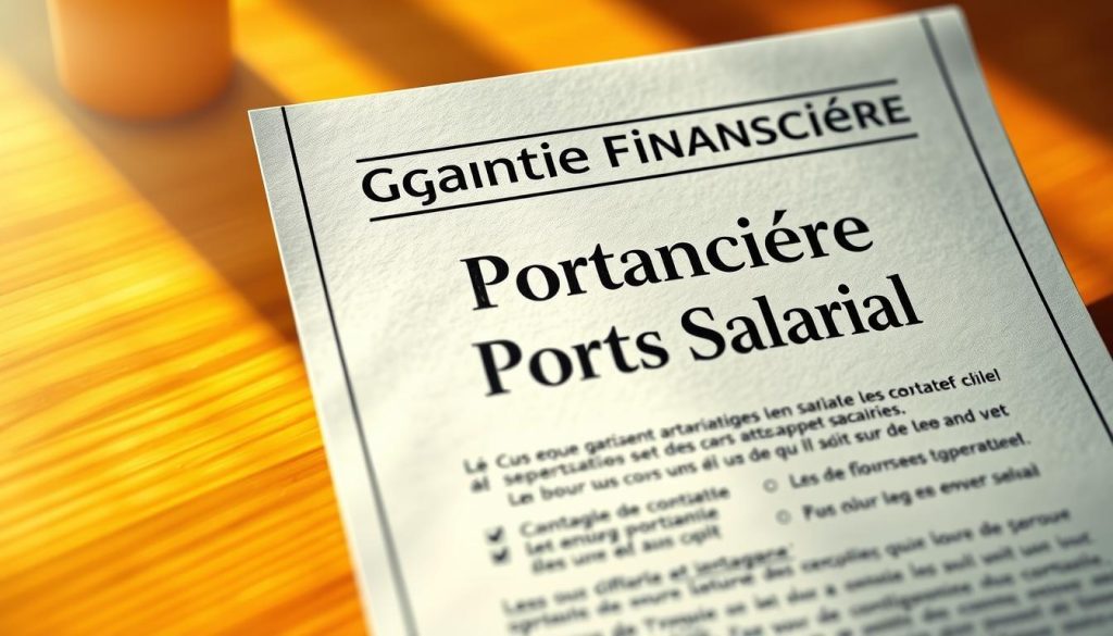 A detailed, close-up illustration of a contract labeled "Garantie Financière Portage Salarial", set against a softly blurred background. The contract features the brand name "Light Portage" prominently displayed. The lighting is warm and directional, casting subtle shadows and highlights that emphasize the textural details of the document. The composition is balanced, with the contract filling the majority of the frame, conveying a sense of importance and legality. The overall mood is professional, authoritative, and reassuring, reflecting the legal obligations of companies providing portage salarial services.