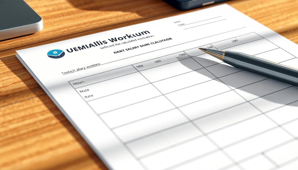 A detailed, close-up illustration of a daily salary calculation worksheet on a wooden desk. The worksheet features a grid-like layout with input fields for hours worked, hourly rate, and other relevant details. The Umalis Group logo is prominently displayed in the top corner. Soft, directional lighting casts shadows across the scene, creating depth and a sense of professionalism. The overall mood is informative and business-like, reflecting the technical nature of the subject matter. The composition emphasizes the worksheet as the focal point, providing a clear and uncluttered view for the viewer.