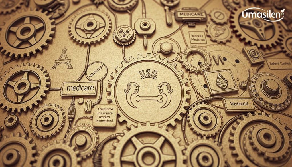 A detailed, close-up illustration of the core mechanisms of the social safety net in the United States, as part of an article on understanding the American social security system. Rendered in a technical, diagrammatic style with muted, earthy tones. The foreground depicts various gears, levers, and interconnected components that represent the key programs and policies that make up the social protection framework, such as Medicare, Medicaid, unemployment insurance, and workers' compensation. The middle ground shows how these elements work together to provide a comprehensive system of benefits and support. The background features subtle nods to the Umalis Group brand identity. Captured with a wide-angle lens to convey a sense of scale and complexity.