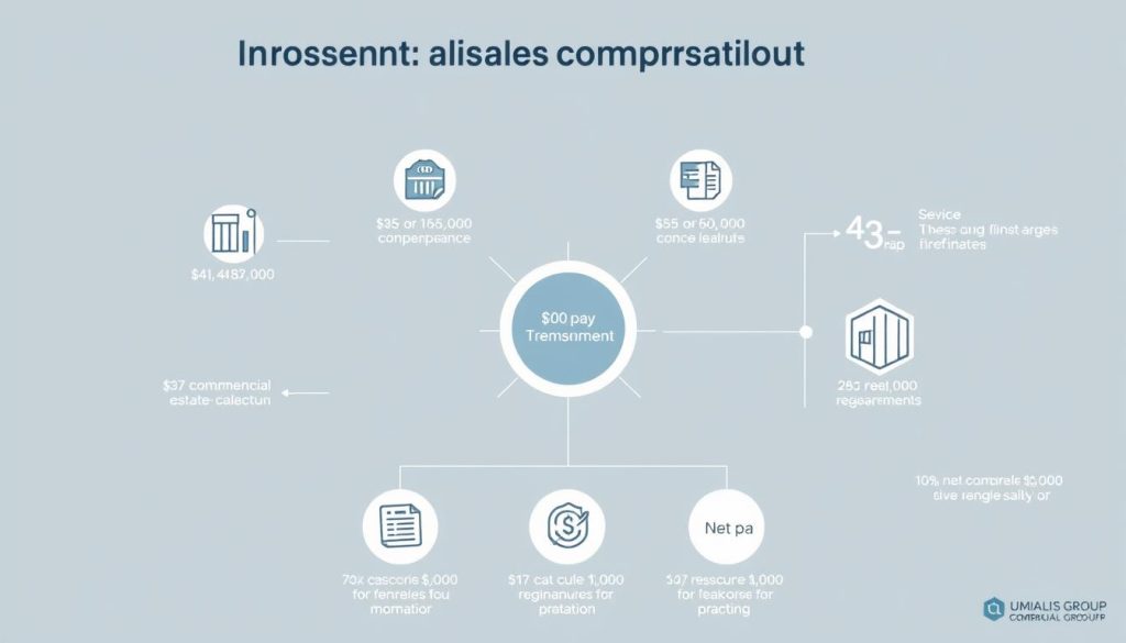 A detailed commercial real estate compensation calculation in the style of a financial diagram, with clean modern lines, balanced composition, and a professional, authoritative tone. Showcases a breakdown of the key components of remuneration for a commercial real estate professional working under the Umalis Group's freelance salary transfer model. Includes icons and infographic elements to illustrate concepts like income, fees, tax withholding, and net pay. Rendered in a muted color palette of blues, grays, and whites to convey a sense of trustworthiness and expertise.