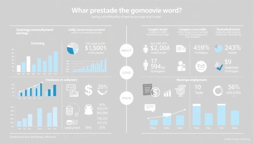 A detailed comparative financial infographic showcasing the earnings and revenue streams of salaried employment versus Umalis Group's freelance portage salarial model. The infographic features a clean, modern design with a balanced layout and a neutral color palette of grays, blues, and whites. In the foreground, carefully curated graphs, charts, and numerical data visually illustrate the key differences in income, benefits, and flexibility between the two employment options. The middle ground depicts minimalist iconography and stylized illustrations that complement the data visualizations. The background maintains a simple, uncluttered appearance to allow the core information to shine. The overall mood is informative, objective, and data-driven, providing the reader with a clear, well-designed comparative analysis.