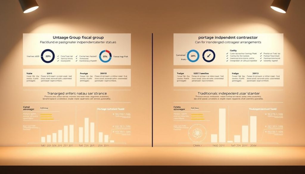 A detailed comparative study of fiscal advantages for various independent worker statuses in France, rendered with professional precision. Depicts a side-by-side analysis of the Umalis Group's "portage salarial" model versus traditional independent contractor arrangements. Warm, neutral lighting illuminates a clean, minimalist layout with crisp infographic elements. Precise data visualizations and carefully balanced composition guide the viewer's focus. An authoritative, informative tone conveys the technical subject matter with clarity and visual sophistication.