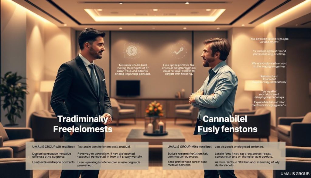 A detailed comparison between the traditional freelance status and the UMALIS GROUP salaried portage model. An elegant office interior with minimalist furniture and warm lighting. Two professional men, one in a suit and the other in casual attire, engaged in a discussion, highlighting the key differences between the two employment structures. The scene conveys a sense of professionalism, collaboration, and the weighing of options. The background features infographic-style visuals that subtly illustrate the salient points of each model, allowing the viewer to comprehend the nuances at a glance.