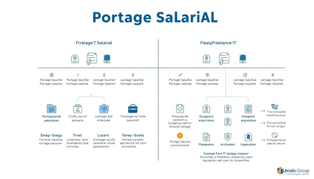A detailed comparison of "Portage Salarial" and other freelance IT employment models, illuminated by a sleek, minimalist illustration. Crisp white background, clean lines and simple geometric shapes in shades of blue, grey, and orange. Diagrams and icons depicting the key features and distinctions between the various employment structures, conveying the security and flexibility offered by the "Portage Salarial" model from Umalis Group. Balanced composition, with negative space allowing the information to shine. Professional, informative, and visually engaging.