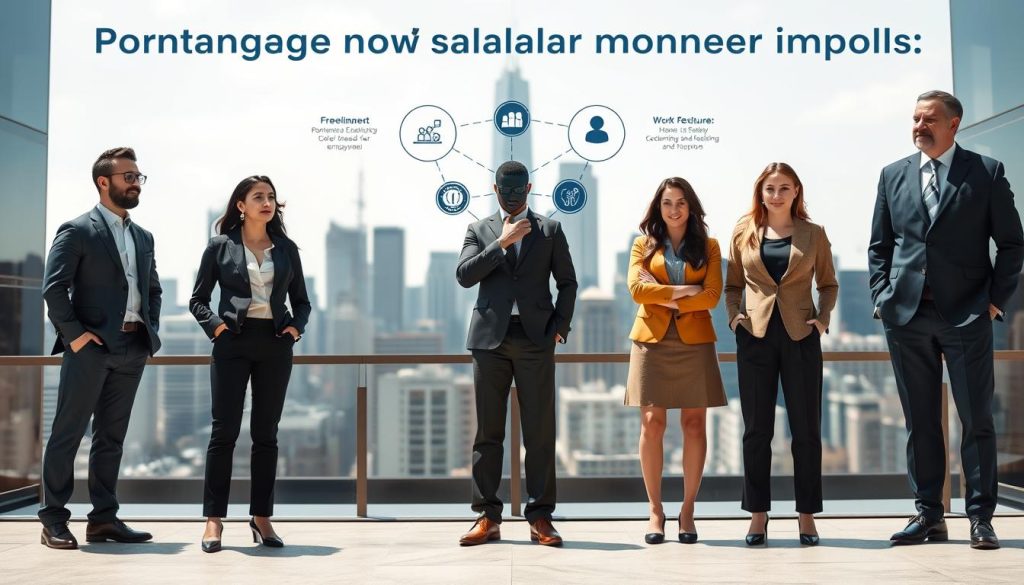 A detailed comparison of Portage Salarial employment model with other options. In the foreground, a group of professionals - a freelancer, an employee, and a Portage Salarial worker - standing side by side, each in their distinct attire. In the middle ground, visual representations of benefits, pay structures, and work flexibility associated with each model. The background depicts a modern city skyline, hinting at the diverse employment landscape. The lighting is crisp and natural, capturing the professionals in a thoughtful, contemplative mood as they examine the nuances of their choices. The composition uses a wide-angle lens to encompass the full scope of the comparison.