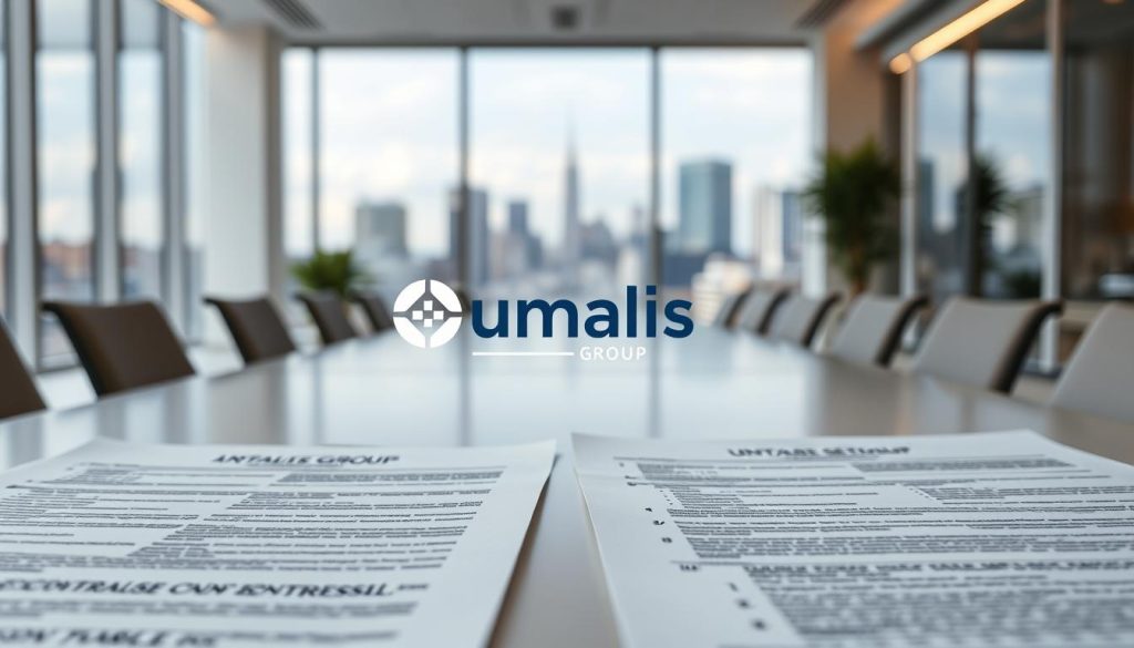 A detailed comparison of employment contract models in the context of "portage salarial" (professional employment platform). Set in a clean, modern office environment with abundant natural light. Crisp, high-resolution documents and forms in the foreground, highlighting key contract details. In the middle ground, the "Umalis Group" logo prominently displayed, representing a leading provider of these services. The background features a tasteful, blurred cityscape, conveying a sense of professionalism and urban sophistication. The overall mood is one of clarity, organization, and trustworthiness - reflecting the objective nature of the subject matter.