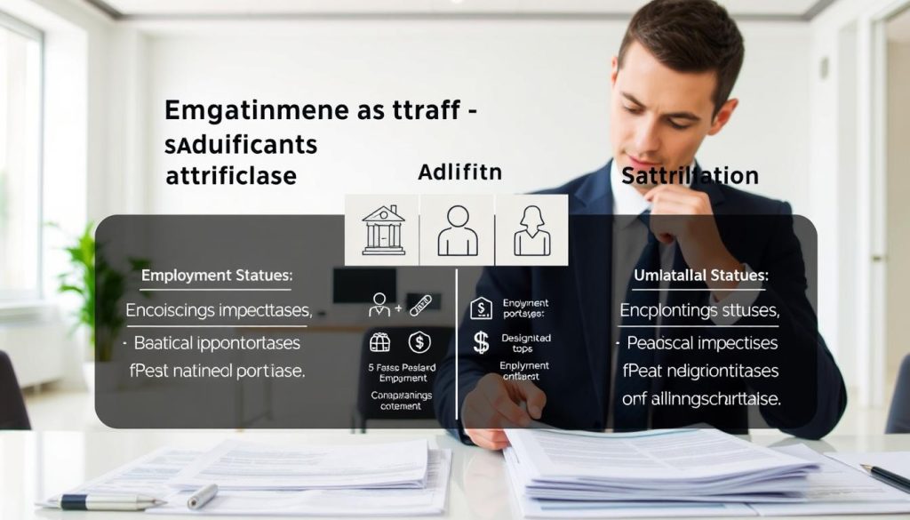 A detailed comparison of employment statuses, showcasing the advantages of Umalis Group's salarial portage. In the foreground, a well-dressed professional examines financial documents, highlighting the implications and benefits. In the middle ground, various employment icons symbolize different contract types. The background depicts a modern, minimalist office setting with clean lines and natural lighting, conveying a sense of professionalism and efficiency. The overall scene communicates the informed decision-making process and the financial considerations surrounding Umalis Group's salarial portage.