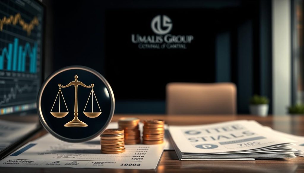 A detailed comparison of fiscal advantages, showcased against a backdrop of financial charts and graphs. In the foreground, a magnified view of a scales icon, symbolizing the balance between different tax benefits. The middle ground features stacks of coins and financial documents, illuminated by a warm, directional light source. In the background, a sleek, minimalist office setting with the Umalis Group logo prominently displayed, conveying a sense of professionalism and expertise. The overall mood is one of clarity, precision, and a deep understanding of the fiscal landscape.