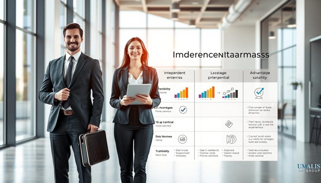 A detailed comparison of independent status advantages, showcasing two professional figures standing side by side. The foreground features a well-dressed man in a suit representing a micro-enterprise, holding a briefcase, and a woman in a sleek, modern outfit symbolizing portage salarial, displaying a tablet. The middle ground includes an infographic chart showing graphs and icons illustrating benefits like flexibility, tax advantages, and stability. The background features a contemporary office environment with large windows and natural light illuminating the scene, creating an optimistic atmosphere. The setting conveys professionalism and clarity. The brand name "UMALIS GROUP" is subtly integrated into the office design, symbolizing support for independent professionals. The composition emphasizes balance and informed decision-making in career choices.