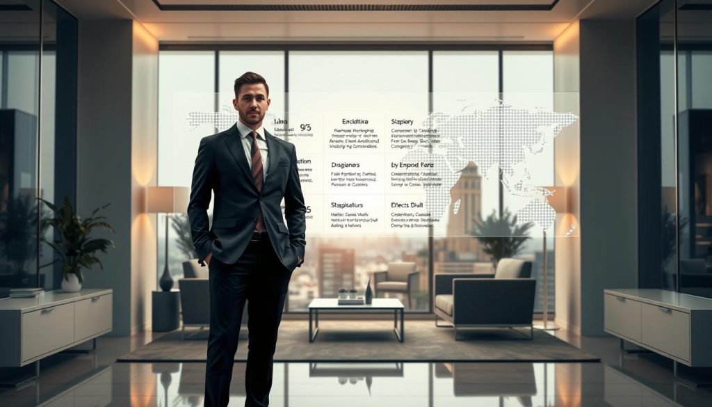 A detailed comparison of legal statuses for independent consultants, showcased against a backdrop of the Umalis Group's expertise in portage salarial. In the foreground, a well-dressed professional stands confidently, surrounded by a sleek, modern office environment with minimalist decor. The middle ground features a holographic display presenting various employment options, while the background subtly hints at the global reach and versatility of the Umalis Group's portage salarial services through elegant architectural elements and a softly lit, sophisticated ambiance.