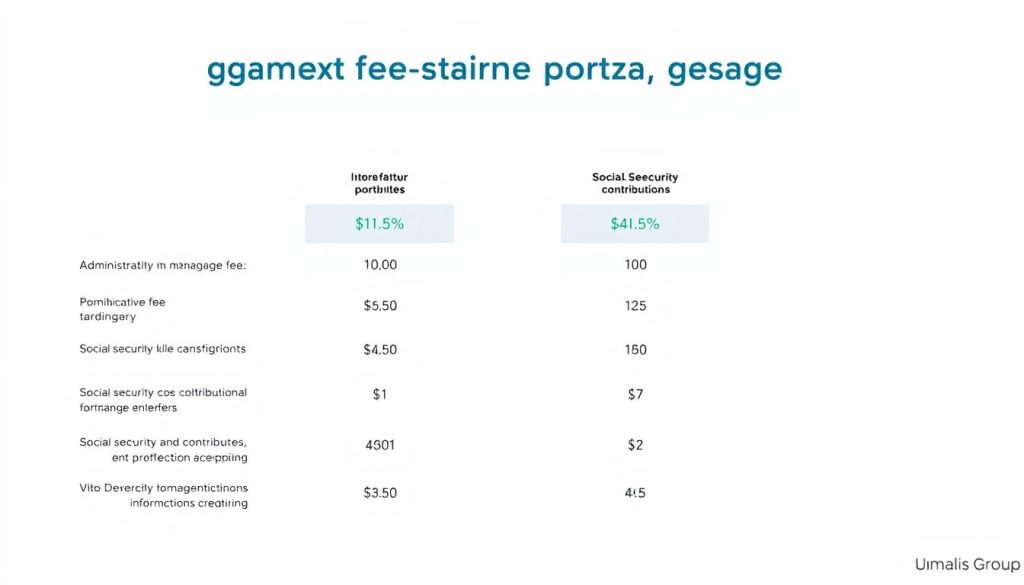 A detailed comparison of management fees for a salary portage service, presented in a clean, visually-appealing infographic. The foreground features a side-by-side comparison of key cost factors, including administrative fees, social security contributions, and other overhead. The middle ground showcases the Umalis Group brand identity, with a modern, minimalist logo and subtle branding elements. The background is a soft, neutral color palette that allows the data visualization to take center stage, conveying a sense of professionalism and clarity. The overall composition is balanced, with a focus on providing a clear, data-driven analysis to help guide the reader's decision-making process. A detailed comparison of management fees for a salary portage service, presented in a clean, visually-appealing infographic. The foreground features a side-by-side comparison of key cost factors, including administrative fees, social security contributions, and other overhead. The middle ground showcases the Umalis Group brand identity, with a modern, minimalist logo and subtle branding elements. The background is a soft, neutral color palette that allows the data visualization to take center stage, conveying a sense of professionalism and clarity. The overall composition is balanced, with a focus on providing a clear, data-driven analysis to help guide the reader's decision-making process.