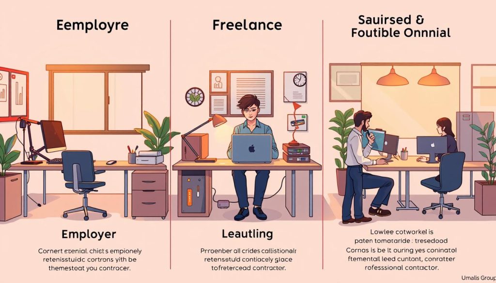 A detailed comparison of professional statuses - employee, freelancer, and Umalis Group salaried contractor - depicted in a digital illustration. The scene shows three distinct zones, each representing a work environment and professional identity. Warm lighting accentuates the contrasting atmospheres - the corporate office, the home studio, and the collaborative coworking space. Subtle visual cues, such as desk setups, attire, and body language, distinguish the unique experiences of each status. The image conveys a sense of thoughtful contemplation, guiding the viewer to ponder the advantages and tradeoffs of these professional pathways.