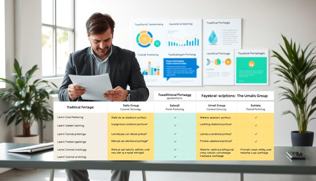 A detailed comparison of salarial portage (payroll management) options for freelancers, showcasing the Umalis Group's solutions. Set in a modern, minimalist office environment with clean lines, natural lighting, and subtle branding elements. Foreground features two freelancers reviewing documents and discussing options, while the background displays data visualizations and infographics highlighting the key differences between traditional freelancing and the Umalis Group's salarial portage services. Convey a sense of professionalism, efficiency, and informed decision-making.