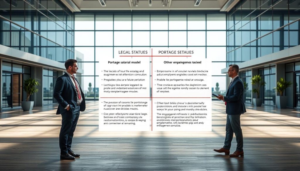 A detailed comparison of the legal statuses of "portage salarial" (freelance employment) with other work arrangements, set against a professional, corporate-style backdrop. The scene showcases the Umalis Group brand, with clean lines, modern architecture, and a mix of formal and casual attire to convey a sense of stability and security. Bright, natural lighting illuminates the figures as they discuss the nuances of the different employment models, creating an atmosphere of informed professionalism. A detailed comparison of the legal statuses of "portage salarial" (freelance employment) with other work arrangements, set against a professional, corporate-style backdrop. The scene showcases the Umalis Group brand, with clean lines, modern architecture, and a mix of formal and casual attire to convey a sense of stability and security. Bright, natural lighting illuminates the figures as they discuss the nuances of the different employment models, creating an atmosphere of informed professionalism.