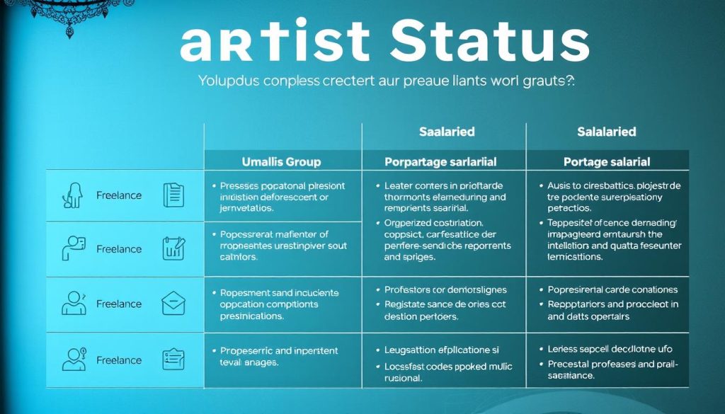 A detailed comparison of the various artist statuses, displayed in a clean and organized manner. In the foreground, a grid of icons or symbols representing the different employment options, such as freelance, salaried, and Umalis Group's portage salarial. In the middle ground, more detailed information about each status, their benefits and drawbacks, presented in a clear and concise manner. The background should convey a sense of professionalism and artistry, perhaps with subtle patterns or textures inspired by creative fields. The overall mood should be informative and authoritative, with a touch of elegance to match the subject matter.
