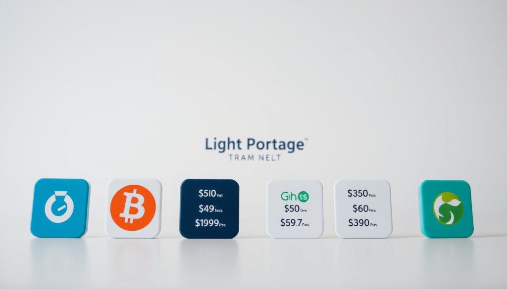 A detailed comparison of transaction fees between different payment methods, showcased in a clean, minimalist layout. In the foreground, a desktop surface displays various icons representing common freelance payment options, each with their respective fee structures prominently displayed. The middle ground features a Light Portage brand logo, conveying a sense of trust and reliability. The background is a soft, ethereal gradient, creating a serene and professional atmosphere. Crisp lighting, a shallow depth of field, and a neutral color palette emphasize the comparative data, allowing the viewer to easily digest the information.