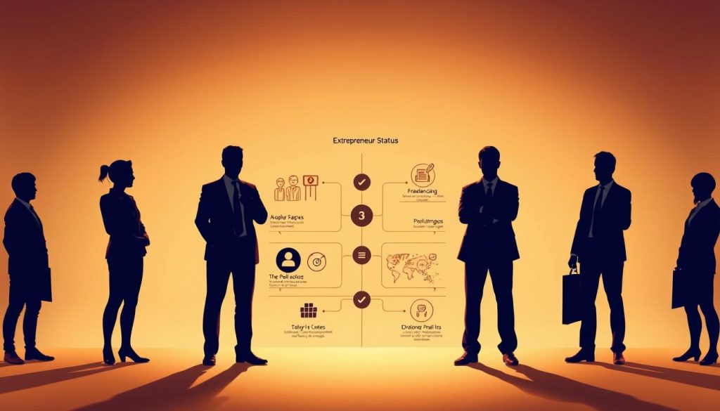 A detailed comparison of various entrepreneurial statuses, showcased in a visually striking illustration. Striking a balance between simplicity and complexity, the image depicts the key differences between corporate employment, freelancing, and the Umalis Group's salarial portage offering. The foreground features silhouetted figures representing these distinct paths, while the middle ground showcases symbolic icons and infographic-style elements that highlight the unique advantages and drawbacks of each. The background maintains a clean, minimalist aesthetic, allowing the central elements to take center stage and communicate the core message effectively. Warm, diffused lighting casts a sense of professionalism and authority, guiding the viewer's attention to the essential details.