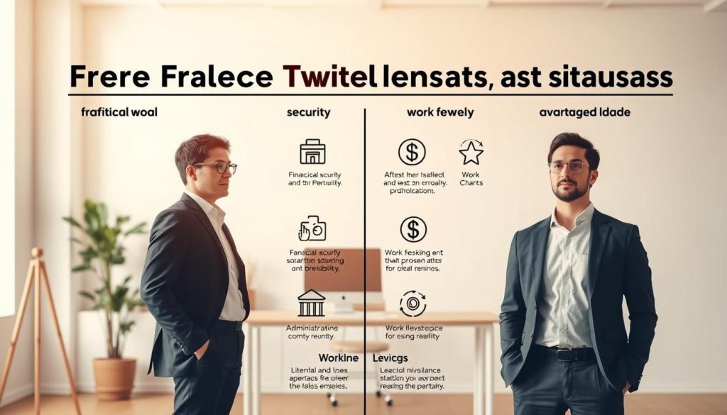 A detailed comparison of various freelance statuses, showcasing the distinct advantages and characteristics of each. In the foreground, two professional figures stand side-by-side, one representing traditional freelance work, the other the UMALIS GROUP's portage salarial model. The middle ground features a series of icons and infographic elements highlighting the key differentiators, such as financial security, administrative burden, and work flexibility. The background is a clean, minimalist workspace, bathed in warm, natural lighting that conveys a sense of professionalism and clarity. The overall composition strikes a balance between informative clarity and visual appeal, inviting the viewer to explore the nuances of these freelance statuses.