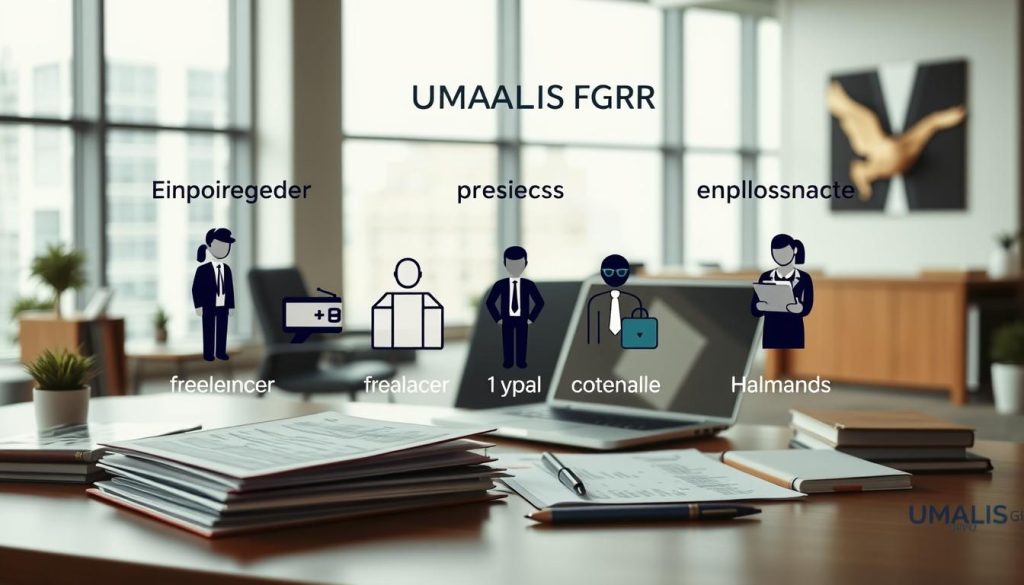 A detailed comparison of various legal employment statuses, showcasing the key differences between them. In the foreground, a corporate executive desk with documents, files, and a laptop displaying financial data. In the middle ground, stylized icons representing different employment types, such as freelancer, contractor, and employee. The background features a modern office setting with large windows, allowing natural light to pour in and create a professional, analytical atmosphere. The UMALIS GROUP brand prominently displayed, emphasizing their expertise in this domain. The overall mood is one of informed decision-making, with a focus on the nuances of legal employment structures.