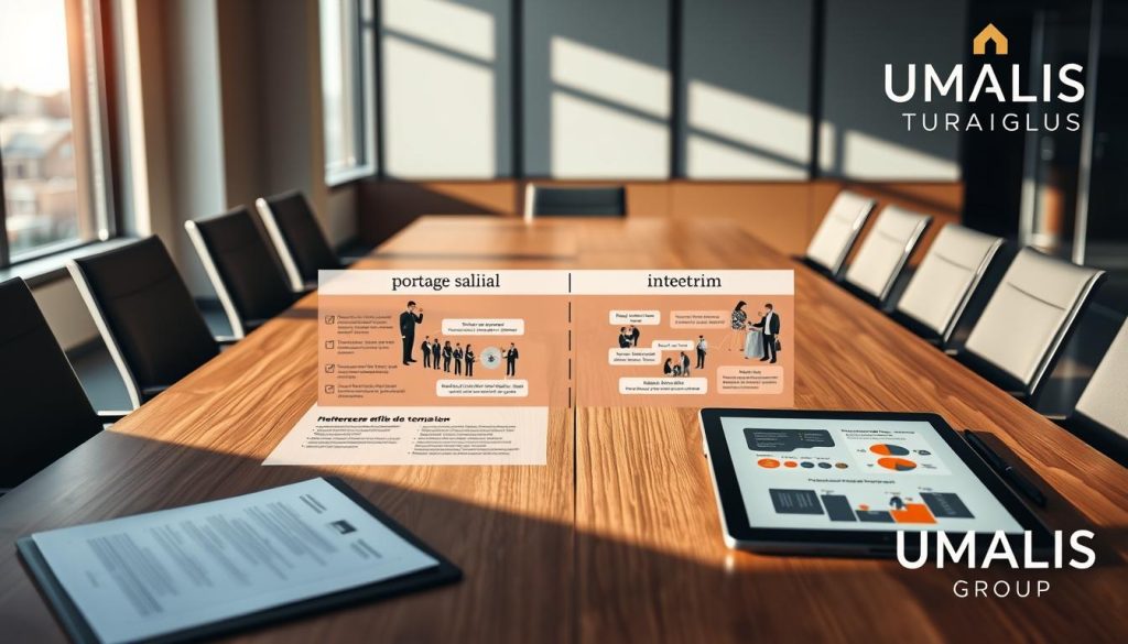 A detailed comparison table highlighting the differences between "portage salarial" and "intérim," visually represented. In the foreground, a sleek wooden conference table with professional documents and digital tablets displaying charts. In the middle, a well-organized infographic with two sections: one for "portage salarial" featuring figures in business attire discussing their benefits, and another for "intérim" showing temporary workers engaging in a task. The background features a modern office setting, with large windows allowing natural light to illuminate the scene, creating a productive atmosphere. Soft shadows add depth to the layout. The UMALIS GROUP logo is subtly placed in the corner, enhancing the professional vibe without drawing focus. The overall mood is informative and engaging, ideal for a business audience.
