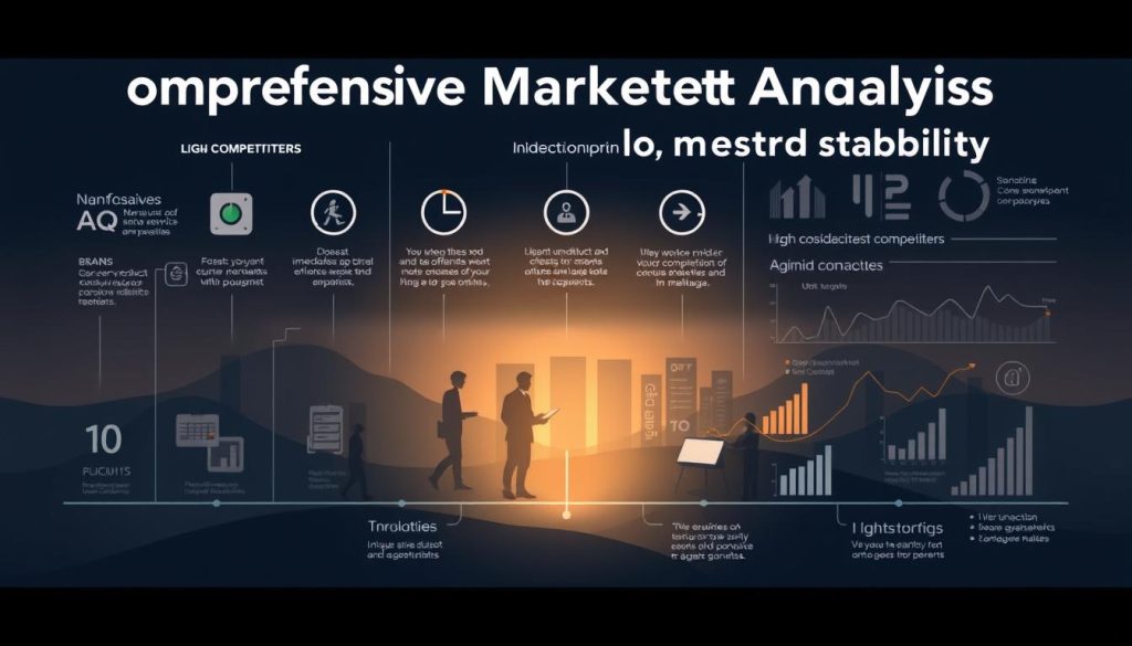 A detailed competitive analysis landscape depicting the LIGHT PORTAGE brand's position relative to direct and indirect competitors. The foreground features LIGHT PORTAGE's unique product and service offerings, highlighted by a warm, soft lighting. The middle ground showcases the key competitors, each represented by distinct icons or silhouettes. The background depicts the broader market trends, with data visualizations and infographic elements. The overall scene conveys a sense of strategic assessment, with a clean, professional aesthetic that aligns with the "Comprehensive Market Analysis for Career Stability" article theme.