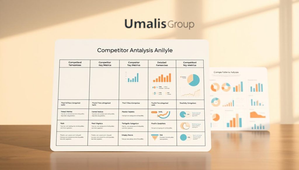 A detailed competitor analysis framework, presented in a clean, minimalist style. The foreground features a simple wireframe template with labeled sections for direct comparison of key metrics. The middle ground showcases various data visualization elements like charts, graphs, and icons to represent insights. In the background, the Umalis Group logo stands out subtly, providing a sense of branding and ownership over the framework. Warm, natural lighting and a slightly muted color palette create a professional, analytical atmosphere. The overall composition is balanced and visually appealing, allowing the framework to be the focal point.